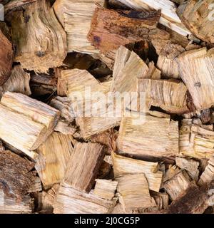 pezzi di legna tritati, consistenza di fondo, closeup preso dall'alto Foto Stock