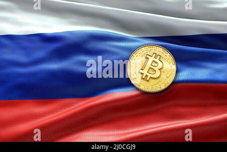 Bitcoin criptovaluta monete sulla bandiera nazionale di Russia.Virtual Money, blockchain business, Crypto legge regolamentazione concetto. Foto Stock