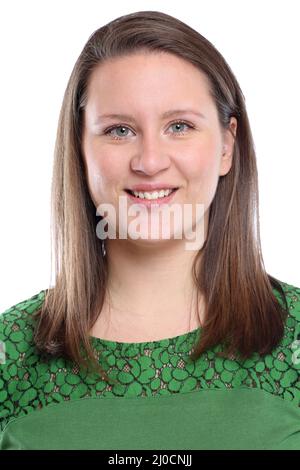 Ritratto ritratto giovane donna faccia giovane ridere raccolto isolato Foto Stock