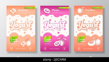 Set di modelli per etichette yogurt frutta e Berries. Raccolta di layout di progettazione di packaging astratto Vector Dairy. Banner moderno con albicocca disegnata a mano, Peach Illustrazione Vettoriale