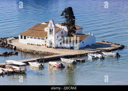 Corfu Corfu Grecia Vlachernon Vlacherna chiesa isola Kanoni viaggio dall'alto Foto Stock