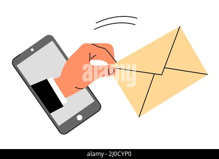 Una mano sullo schermo di uno smartphone trasmette una lettera. Cashback, aiuto finanziario e supporto. Concetto di valuta. Illustrazione vettoriale piatta isolata o Illustrazione Vettoriale