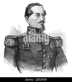 Ritratto di Maresciallo Armand-Jacques Leroy de Saint-Arnaud, Comandante-in-Chielf dell'esercito francese dell'Est durante la guerra di Crimea; illustrazione nera e bianca Foto Stock