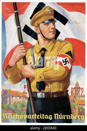 Propaganda nazista tedesca. Reichsparteitag Nurnberg Ansichtskarte / cartolina 1937 - opera di Richard Borrmeister. Foto Stock