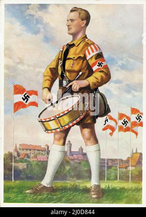 Propaganda nazista tedesca 1937. 'Norimberga Rally' (Reichsparteitag Nürnberg). Pittura da cartolina di un membro in uniforme della Gioventù Hitler. Hitlerjugend. Foto Stock