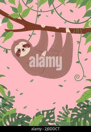Cartoon carta sloth, felice slots dormire o appendere da albero. Poster carini con sonnolenti caratteri animali pigri e divertenti frasi vettore set. Biglietti di auguri per il compleanno Illustrazione Vettoriale