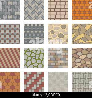 Pietre di pavimentazione modello senza cuciture, pavimentazione pietra città texture strada. Pavimentazioni piastrelle marciapiedi, percorso mattoni, pietra pavimentazione disegni vettore set. Materiali per la decorazione di passaggi urbani Illustrazione Vettoriale
