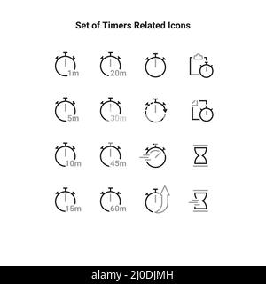 Semplice set di icone relative ai timer. Contiene icone come attività, clessidra, velocità e altro ancora. Illustrazione Vettoriale