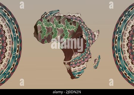 Banner di donna africana, profilo viso silhouette con turbante a forma di mappa dell'Africa. Modello colorato con logo tribale in stampa afro. Vettore Illustrazione Vettoriale