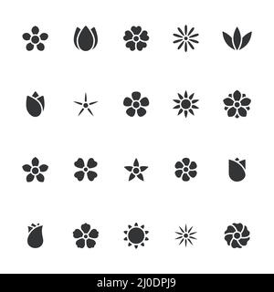 Icone dei fiori impostate. Simboli alla moda dei fiori neri per negozi floreali e applicazioni mobili. Illustrazione Vettoriale