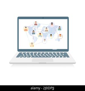 Esercitazione con il portatile. Persone multiculturali che si connettono insieme nella rete sociale. Concetto di lavoro in quarantena. Seminario aziendale sul webinar. Illustrazione Vettoriale