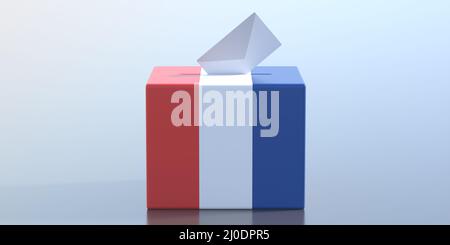 Elezioni presidenziali 2022, Francia. Busta bianca nella casella di voto con bandiera francese, sfondo blu. 3d rendering Foto Stock