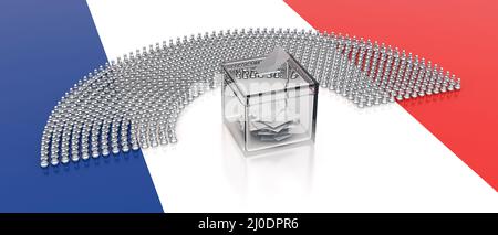 Elezioni in Francia. Busta bianca in alloggiamento trasparente. Membri del Parlamento come pedine di scacchi su sfondo di bandiera francese. 3d rendering Foto Stock