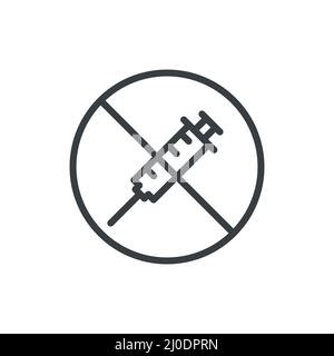 Icona di divieto della siringa. Nessun simbolo di farmaci. Vaccinazione vietata. Assenza di segnale della tubazione di iniezione. Illustrazione Vettoriale