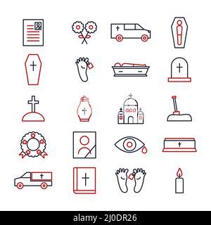 Set di righe di icone funebri. Seppellimento contorno nero e rosso simbolo collezione. Illustrazione Vettoriale