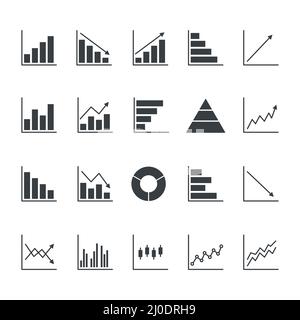 Grafica e grafici con icone piatte impostate. Concetto di big data. Simbolo dell'analisi aziendale. Statistiche e informazioni sui diagrammi Illustrazione Vettoriale