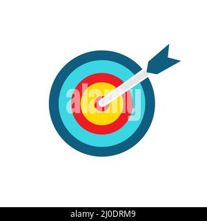 Icona colorata di destinazione. Simbolo obiettivo con freccia ad arco. Elemento di gioco freccette. Finalità di marketing o di business. Illustrazione Vettoriale