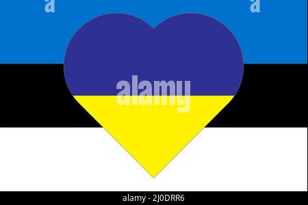 Un cuore dipinto nei colori della bandiera dell'Ucraina sulla bandiera dell'Estonia. Illustrazione di un cuore blu e giallo sul simbolo nazionale. Illustrazione Vettoriale