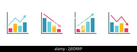 Grafica e grafici con icone piatte impostate. Concetto di big data. Simbolo dell'analisi aziendale. Statistiche e informazioni sui diagrammi Illustrazione Vettoriale