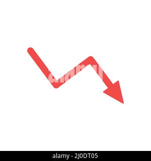 Ridurre il segno freccia. Icona con il simbolo rosso di riduzione e crisi. Concetto aziendale. Illustrazione Vettoriale