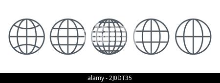 Icone del globo impostate. Pittogrammi globali di Internet. Collezione di simboli di contorno del World Wide Web. Illustrazione Vettoriale