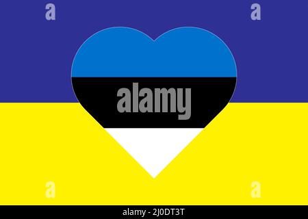 Cuore dipinto nei colori della bandiera dell'Estonia sulla bandiera dell'Ucraina. Illustrazione di un cuore con il simbolo nazionale della Lettonia su un blu-giallo Illustrazione Vettoriale