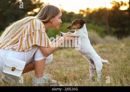 Giovane donna con simpatico Jack Russel terrier nel parco Foto Stock