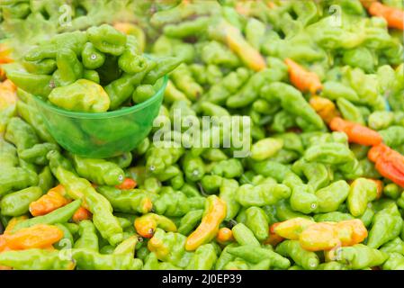 Il pepe verde mature di murupi fresco sparso dappertutto Foto Stock