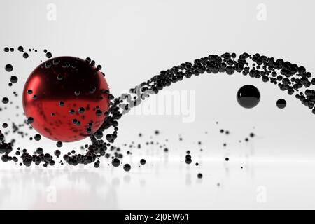 Flusso astratto di particelle sferiche nere lucide riflesse da una grande sfera di metallo rosso. Illustrazione di scifi 3D con copyspac Foto Stock