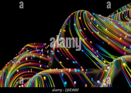 Linee cosmiche ritorte al neon sulla superficie lucida. I ricci turbolenti fluiscono con un movimento colorato. Fluido e liscio astronomia vorté Foto Stock