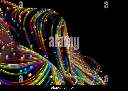 Linee cosmiche ritorte al neon sulla superficie lucida. I ricci turbolenti fluiscono con un movimento colorato. Fluido e liscio astronomia vorté Foto Stock