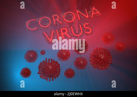 Coronavirus Wuhan, Cina COVID-19 iscrizione fatta da sangue con le cellule corona qui sotto. Condizione epidemica 3D illustrazione isolata Foto Stock
