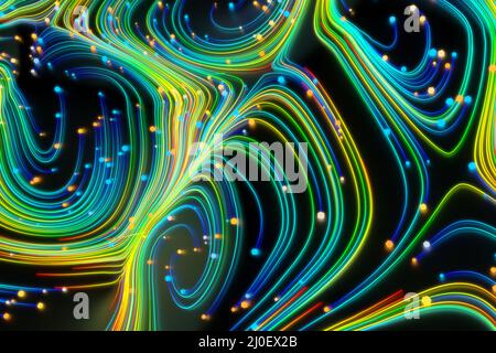 Linee cosmiche ritorte al neon sulla superficie lucida. I ricci turbolenti fluiscono con un movimento colorato. Fluido e liscio astronomia vorté Foto Stock