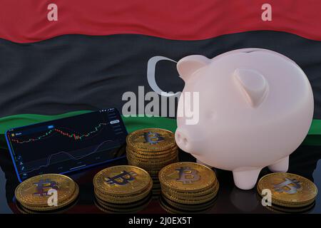 Investimento in Bitcoin e criptovaluta. Bandiera della Libia sullo sfondo. Piggy banca, il concetto di risparmio. Applicazione mobile per la negoziazione di azioni. 3d rendering Foto Stock