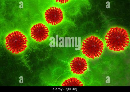 Coronavirus Wuhan, Cina sfondo COVID-19 con molecole di cellule corona intorno. Condizione epidemica 3D illustrazione su bac verde Foto Stock