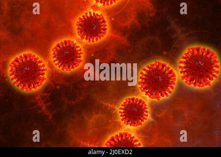 Coronavirus Wuhan, Cina sfondo COVID-19 con molecole di cellule corona intorno. Condizione epidemica 3D illustrazione su sfondo rosso Foto Stock