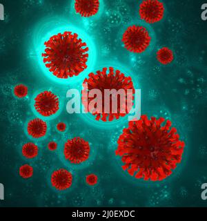 Coronavirus Wuhan, Cina sfondo COVID-19 con molecole di cellule corona intorno. Condizione epidemica 3D illustrazione su bac verde Foto Stock