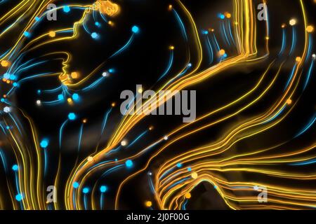 Linee cosmiche ritorte al neon sulla superficie lucida. I ricci turbolenti fluiscono con un movimento colorato. Fluido e liscio astronomia vorté Foto Stock