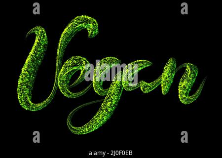 Scritta vegana di parole fatta di cerchi luminosi multicolore isolati sopra sfondo nero Foto Stock