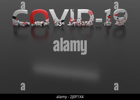 La scritta Covid-19 si è frantumata in pezzi su uno sfondo grigio scuro con copyspace per il testo. Il concetto di virus anti-virus Foto Stock