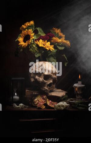 Bodegón fotográfico Vanitas, con elementos iconográficos propios del género. / Vanitas fotografia di natura morta, con elementi iconografici tipici di Foto Stock