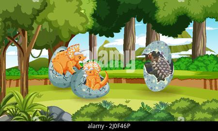 Foresta preistorica con illustrazione di dinosauro cartoon Illustrazione Vettoriale