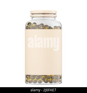 Vaso trasparente con capsule tonde gialle ed etichetta beige vuota. Rendering 3D Foto Stock
