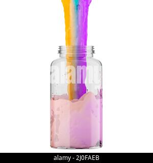 Un flusso multicolore si riversa in un vaso trasparente su uno sfondo bianco. Rendering 3D Foto Stock