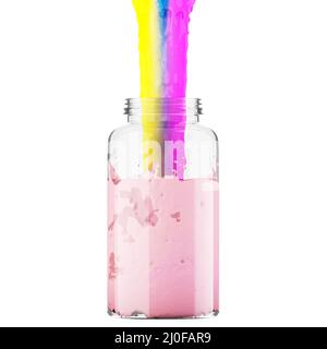 Un flusso multicolore si riversa in un vaso trasparente che lo riempie di liquido rosa su sfondo bianco. Rendering 3D Foto Stock