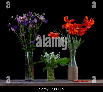 Bouquet di papaveri rossi, bouquet di gigli bianchi della valle e bouquet di campane di fiori in gl Foto Stock