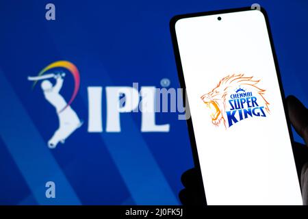 West Bangal, India - 18 marzo 2022 : Chennai Super Kings logo sullo schermo del telefono immagine stock. Foto Stock
