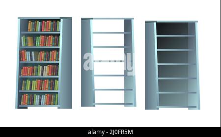 Set di librerie per biblioteca e studio. Libri diversi. Arredamento moderno e minimalista. Stile cartoon. Oggetto isolato su sfondo bianco. V Illustrazione Vettoriale