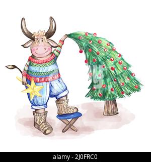 Toro simbolo di 2021. Il toro carino in un maglione decora l'albero di Natale. Foto Stock