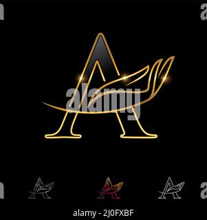 Un set di illustrazioni vettoriali della lettera A del monogramma a mano con contorno d'oro Illustrazione Vettoriale